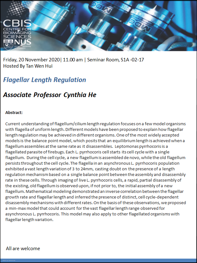 CBIS Seminar: Flagellar length regulation by Cynthia He