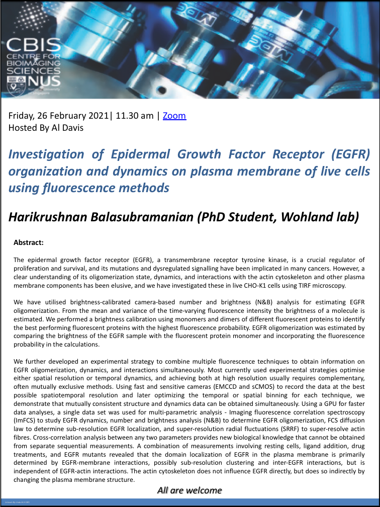 CBIS Seminar: Investigation of epidermal growth factor receptor (EGFR) organisation and dynamics on plasma membrane of live cells using fluorescence methods by Harikrushnan Balasubramanian