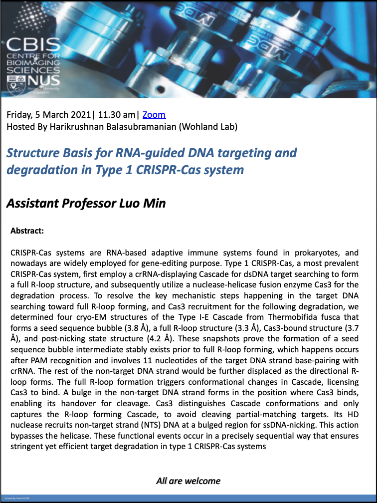 CBIS Seminar: Structure basis for RNA-guided DNA targeting and degradation in Type 1 CRISPR-Cas system by Luo Min