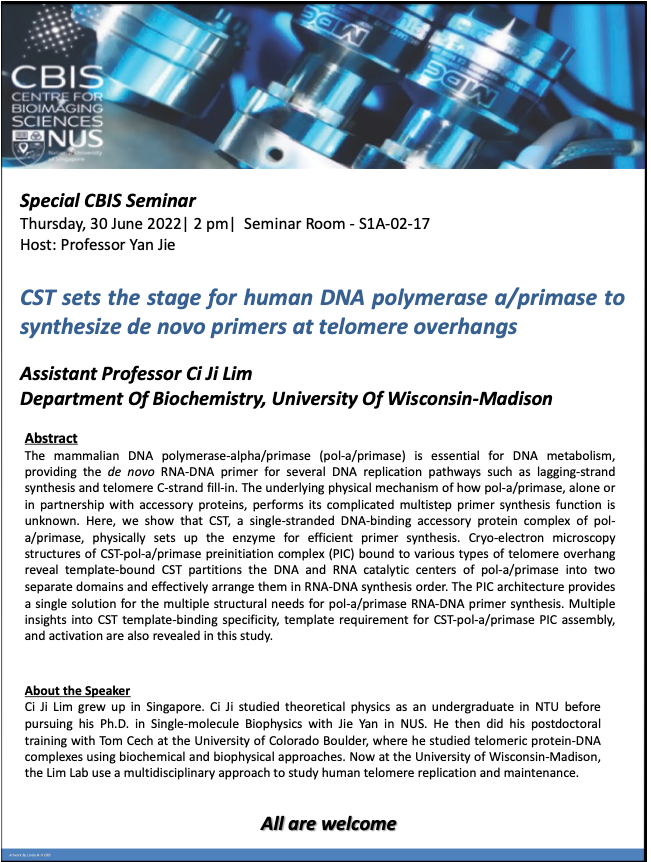 Special CBIS Seminar: CST sets the stage for human DNA polymerase a/primase to synthesize de novo primers at telomere overhangs