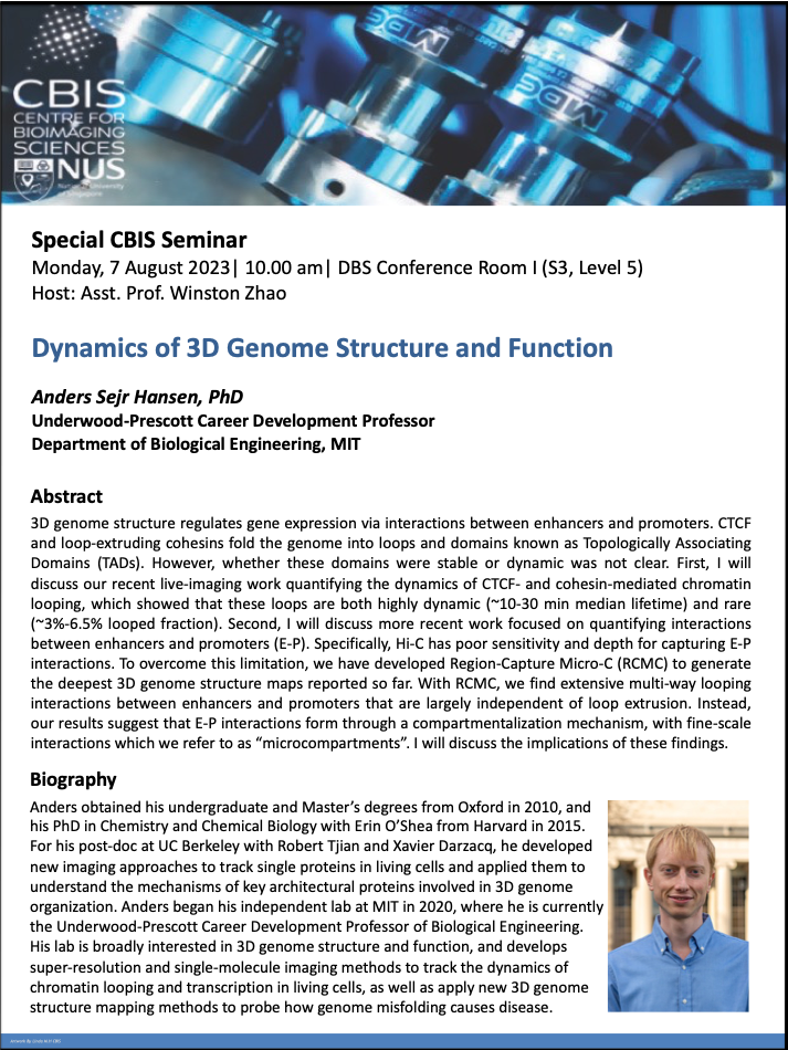 CBIS Special Seminar: Dynamics of 3D genome structure and function