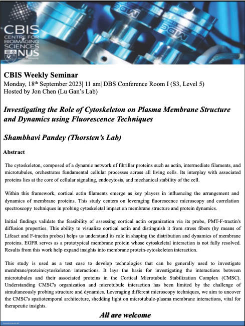 CBIS Seminar: Investigating the role of cytoskeleton on plasma membrane structure and dynamics using fluorescence techniques