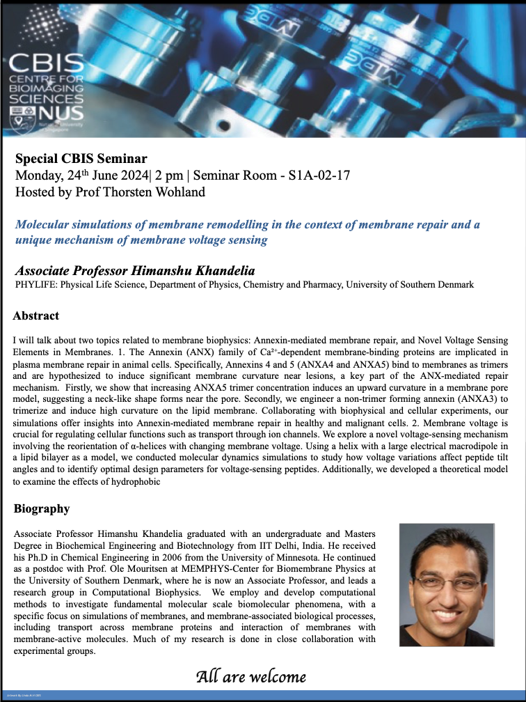 Special CBIS Seminar: Molecular simulations of membrane remodelling in the context of membrane repair and a unique mechanism of membrane voltage sensing