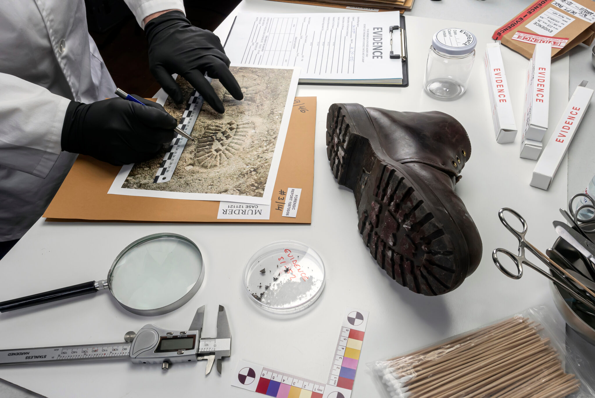 Police scientist investigates a shoe sole tape tread involved in crime lab murder, concept image